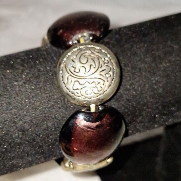 Artsy Purple Glass Beaded Bracelet Silver Tone Metallic Southwestern Design - Picture 5 of 7